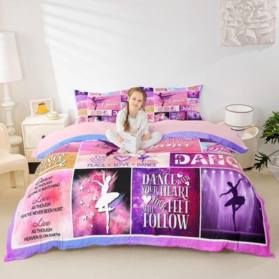 Dance Lovers Kids Duvet Cover Set King Size,Ballet Dancers Romantic Bedding Set,Girls Boys Adults Bedroom Decor,Geometric Plaids Patchwork Comforter Cover,Pink Purple Chic Quilt Cover,2 Pillowcases
