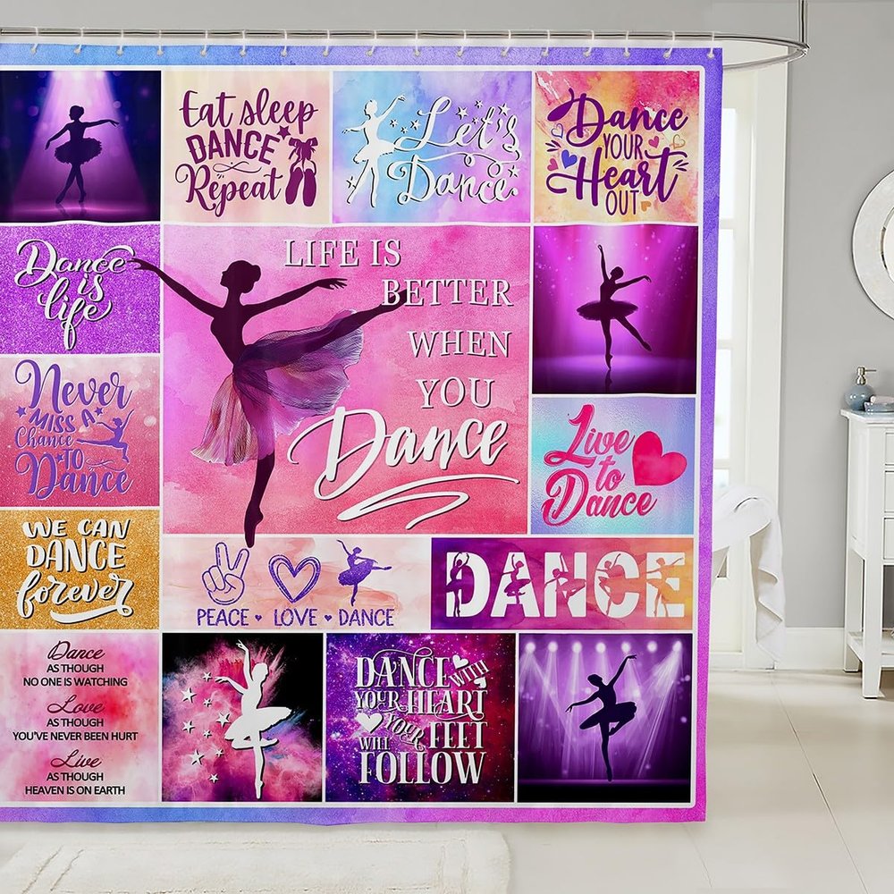 Dance Lovers Kids Shower Curtains,Ballet Dancers Romantic Bathroom Curtains for Girls Boys Adults,Geometric Plaids Patchwork Pink Purple Chic Waterproof Curtains,12 Hooks Suits,72" W x 78" L