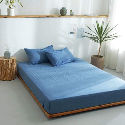 FCLDESHOP Deep Fitted Sheet,Solid Color Washed Cotton Deep Pocket Bedding Sheets, Checkered Mattress Topper for Bedroom Guest Room Bed Cover,Navy Blue,180cmx220cm+25cm