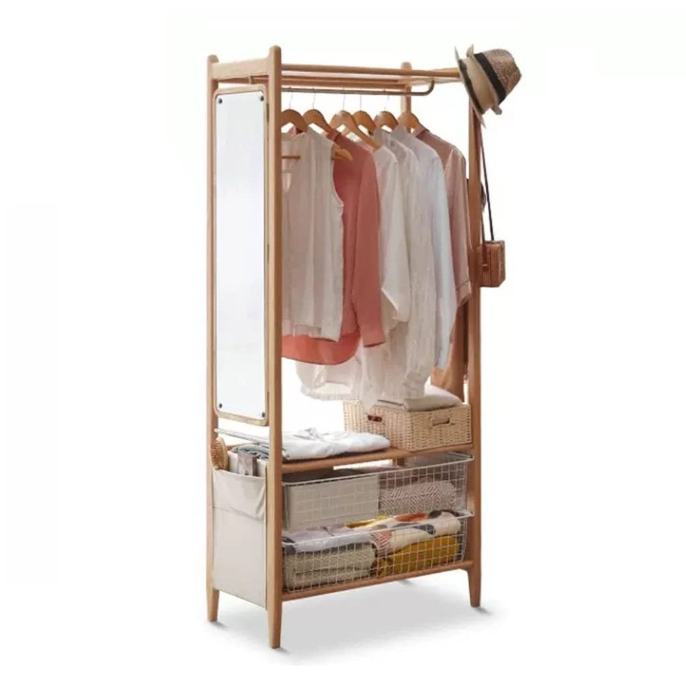 HIHELO Standing Coat Rack Home Multifunctional Coat Rack Creative with Full-Length Mirror Bedroom Double Shelf Hanging Clothes Storage Rack Coat Racks (Color : with Mirror)