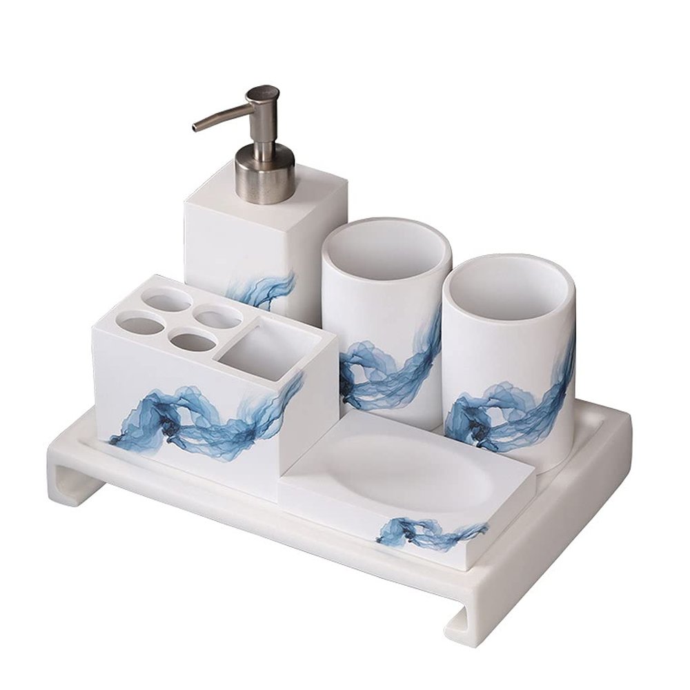DYPASA Soap Pump Dispenser 6Pcs White Ceramic Bathroom Accessories Set Bath Decor Includes Lotion Soap Dispenser Toothbrush Holder Tumbler Soap Dish and Tray,for Hotel Restroom Bottles Dispenser