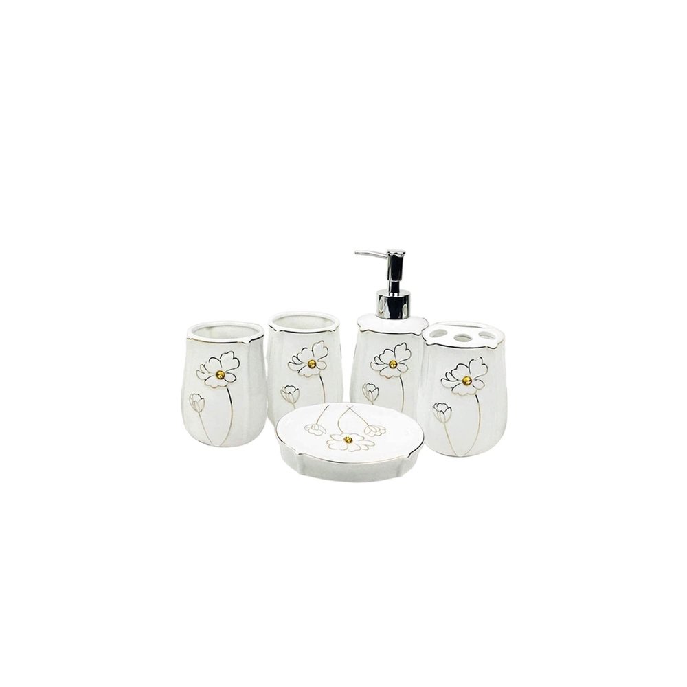 ATMRC Soap Dispenser Bathroom Accessories Hotel Decor,5 Piece Set Set Toothbrush Holder Soap Dish Lotion Dispenser Glass Eramic Set 5 Piece for Kitchen Bathroom
