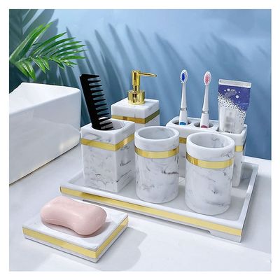 DYPASA Soap Pump Dispenser 7- Pieces Bathroom Accessories Set - Soap Dispenser Toothbrush Holder Tumbler Soap Dish Cotton Jar and Tray, Marble Imitate Resin Bottles Dispenser (Color : Gold)