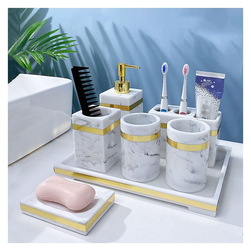 DYPASA Soap Pump Dispenser 7- Pieces Bathroom Accessories Set - Soap Dispenser Toothbrush Holder Tumbler Soap Dish Cotton Jar and Tray, Marble Imitate Resin Bottles Dispenser (Color : Gold)