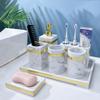 DYPASA Soap Pump Dispenser 7- Pieces Bathroom Accessories Set - Soap Dispenser Toothbrush Holder Tumbler Soap Dish Cotton Jar and Tray, Marble Imitate Resin Bottles Dispenser (Color : Gold) view 3