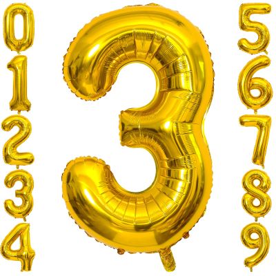 3 Number Balloon Gold 40 inch Big Foil Mylar 3rd Balloons for 3 Year Old Boy Girl Birthday Party Decorations Wedding Anniversary Events Supplies