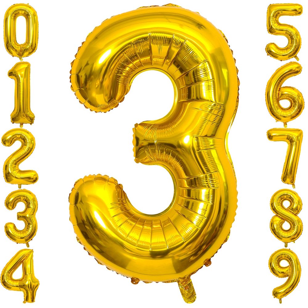 3 Number Balloon Gold 40 inch Big Foil Mylar 3rd Balloons for 3 Year Old Boy Girl Birthday Party Decorations Wedding Anniversary Events Supplies