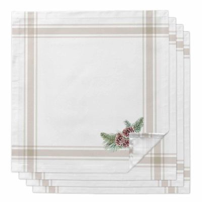 4 PCS Soft Cloth Napkins, Napkins Cloth Washable, Christmas Pine Branches and Pine Cones Country Style French Stripes White Reusable Dinner Napkins for Wedding, Party, Easter, Dinners (20"x20")