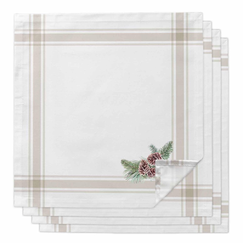 4 PCS Soft Cloth Napkins, Napkins Cloth Washable, Christmas Pine Branches and Pine Cones Country Style French Stripes White Reusable Dinner Napkins for Wedding, Party, Easter, Dinners (20"x20")