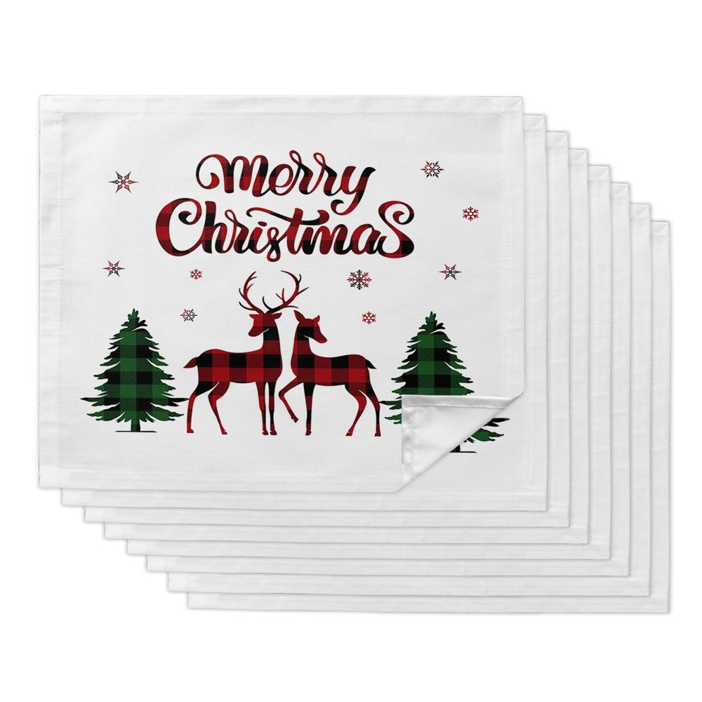 8 PCS Soft Cloth Napkins, Napkins Cloth Washable, Merry Christmas Plaid Elk and Christmas Tree White Reusable Dinner Napkins for Wedding, Party, Easter, Dinners (20"x20")