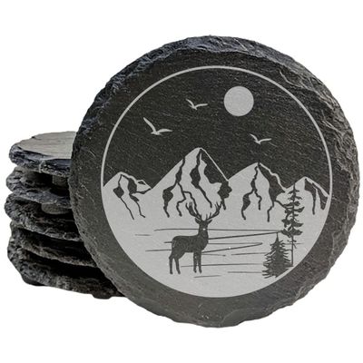 Elevate Your Tabletop: Handcrafted Slate Coasters with Stunning Mountain Art - Round Slate - Set of 4
