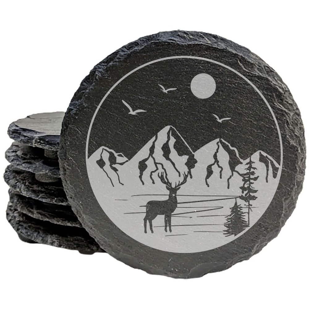 Elevate Your Tabletop: Handcrafted Slate Coasters with Stunning Mountain Art - Round Slate - Set of 4