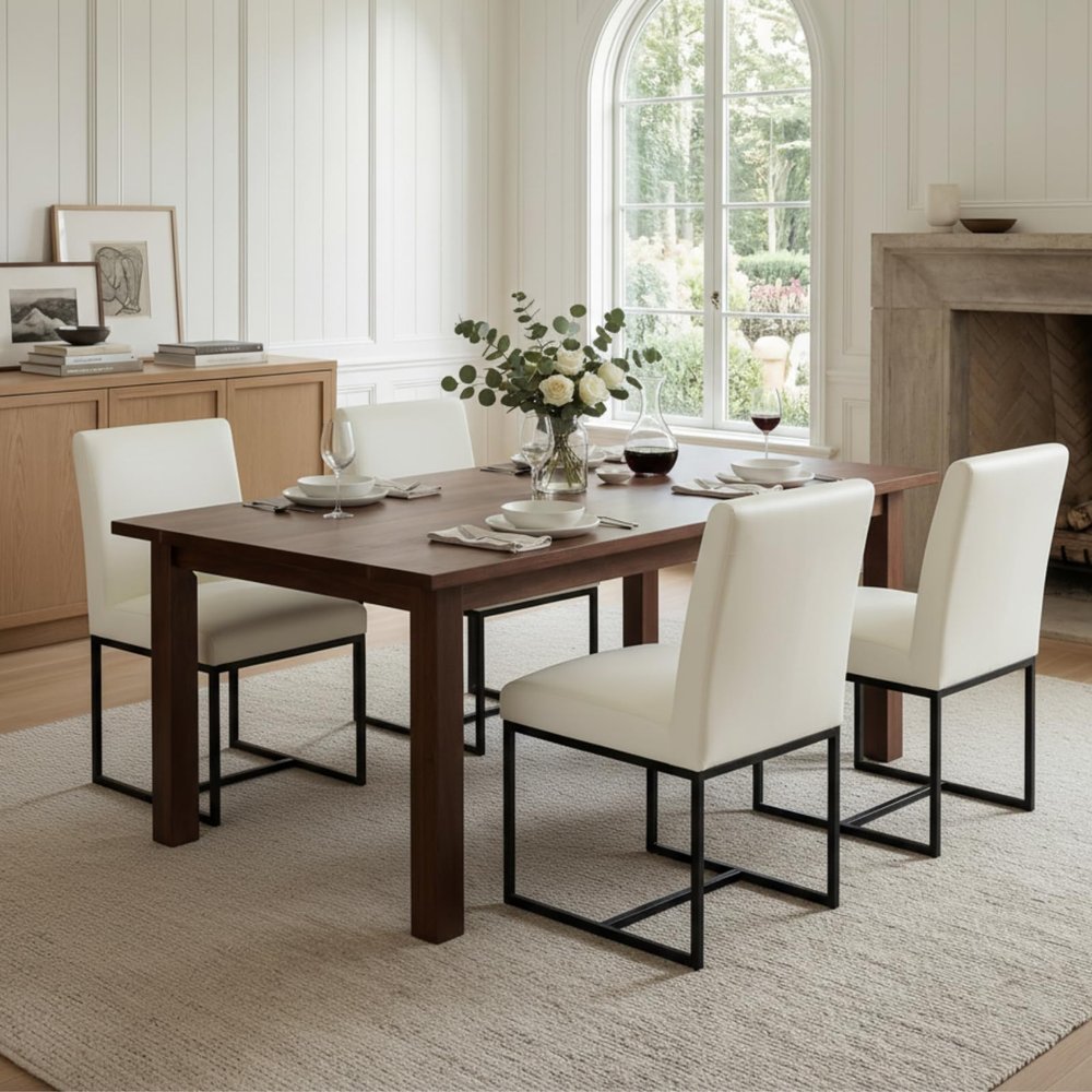 CIMOTA Cream Leather Dining Chairs Set of 4, Modern Dining Room Chairs Upholstered Armless Guest Side Chair with Black Base for Dining Room/Kitchen, Cream White 4PCS