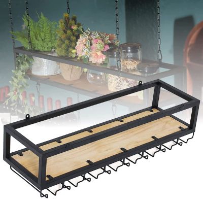 ZEELYDE Wine Rack,Ceiling Shelf Hanging Height Adjustable, with 1m Long Iron Chain Industrial Retro Shelves, with Glass Holder, Iron Pipe Bar/Kitchen Decorative Rack