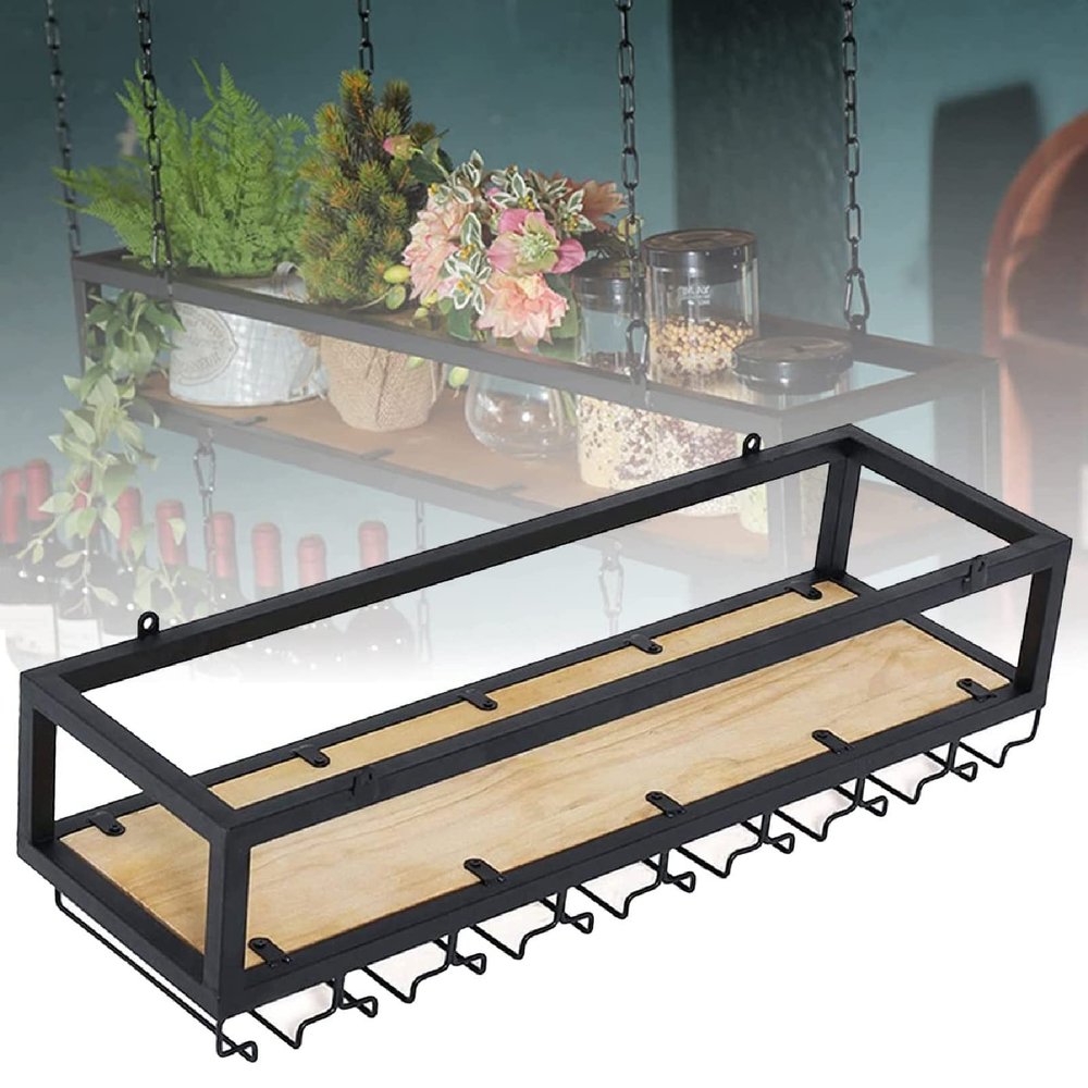 ZEELYDE Wine Rack,Ceiling Shelf Hanging Height Adjustable, with 1m Long Iron Chain Industrial Retro Shelves, with Glass Holder, Iron Pipe Bar/Kitchen Decorative Rack