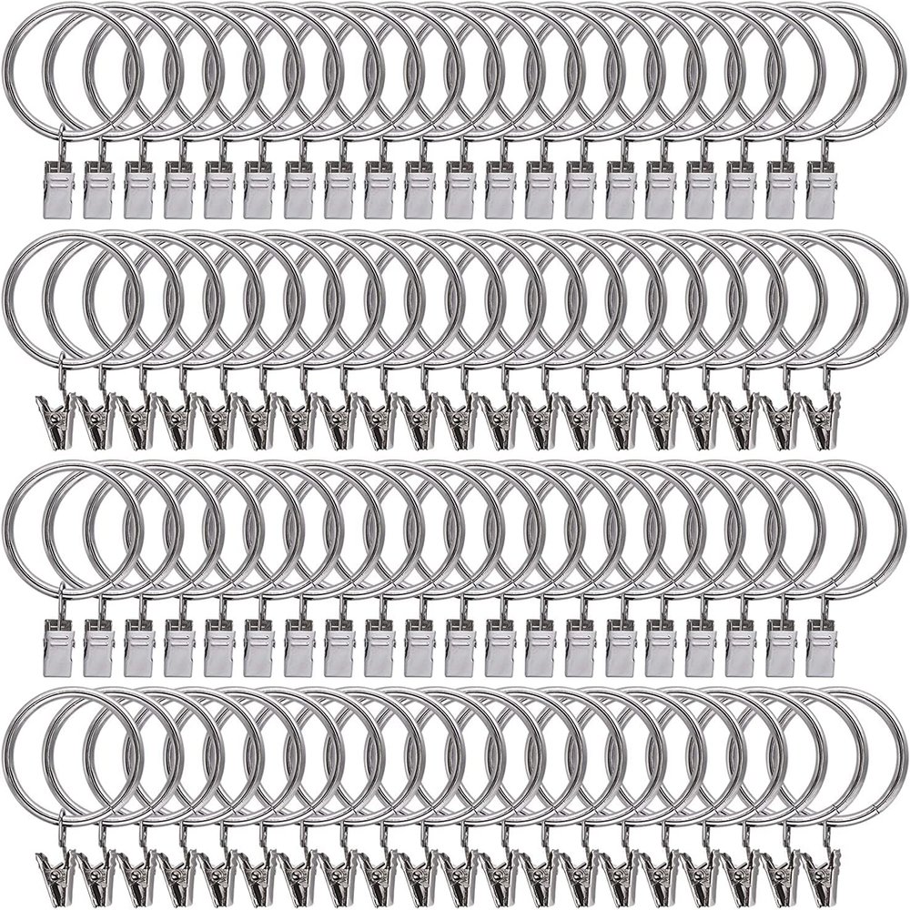 Curtain Rings with Clips Hooks, 100Pcs 1.26 inch Metal Stainless Steel Drapery Rings Hanger Clips for Tension Rod Bracket Eyelets Decorative Hangers, Silver (1.26" Interior Diameter)