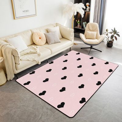 Girls Area Rug 5x7 Cute Heart Pattern Carpet Lovely Pink Black Decorative Rug Cartoon Geometric Soft Girly Kawaii Decor Gift Modern Accent Rug for Bedroom Living Room Bedside, Non Slip