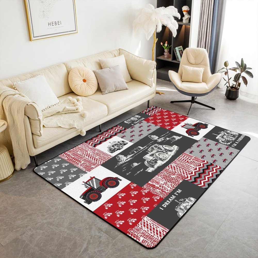 Erosebridal Red Tractor Area Rug for Boys, Construction Tractor Rug 5x7 Kids Teens Equipment Trucks Indoor Floor Mat Black White Construction Vehicle Accent Rug Set Bedroom Playroom Decor