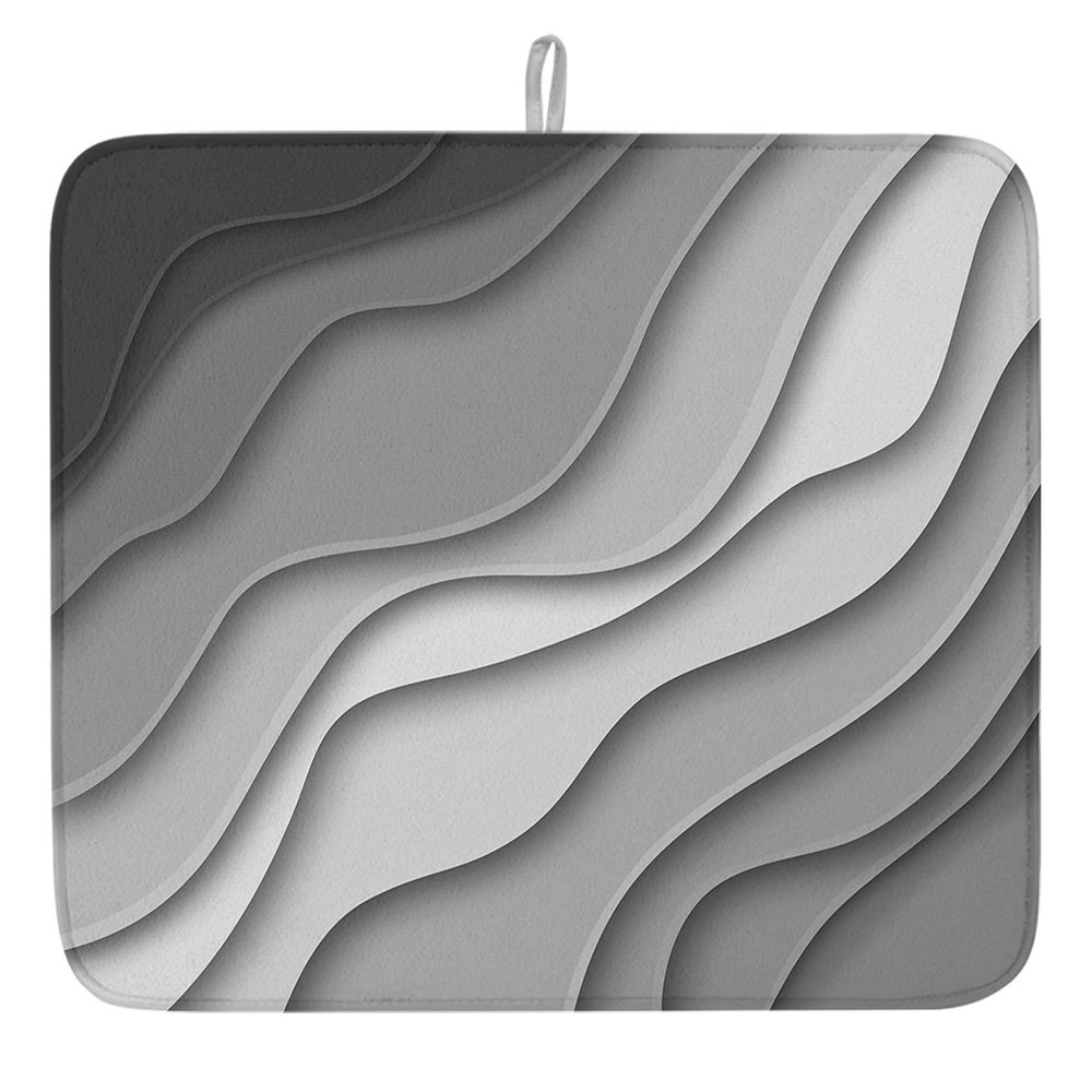 Abstract Wavy Ombre Gray Dish Drying Mats for Kitchen Counter, Modern Geometric Stripes Microfiber Absorbent Dish Drainer/Rack Mat,Reversible Hangding Quick Drying kitchen Mat, 18x24 Machine Washable