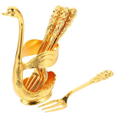 1 Set Swan Spoon Dessert Forks with Organizer Stirring Spoon Swan Figure Base Forks Holder Soup Mini Ice Cream Metal with Stand Coffee Alloy Gold and Silver