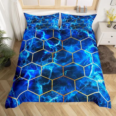 Blue Marble Full Size Duvet Cover Boys Girls Honeycomb Bedding Set for Kids Modern Marble Aesthetic Comforter Cover Set Geometrical Gold Black Navy Blue Bedspread Cover Room Decor Bedclothes Zipper