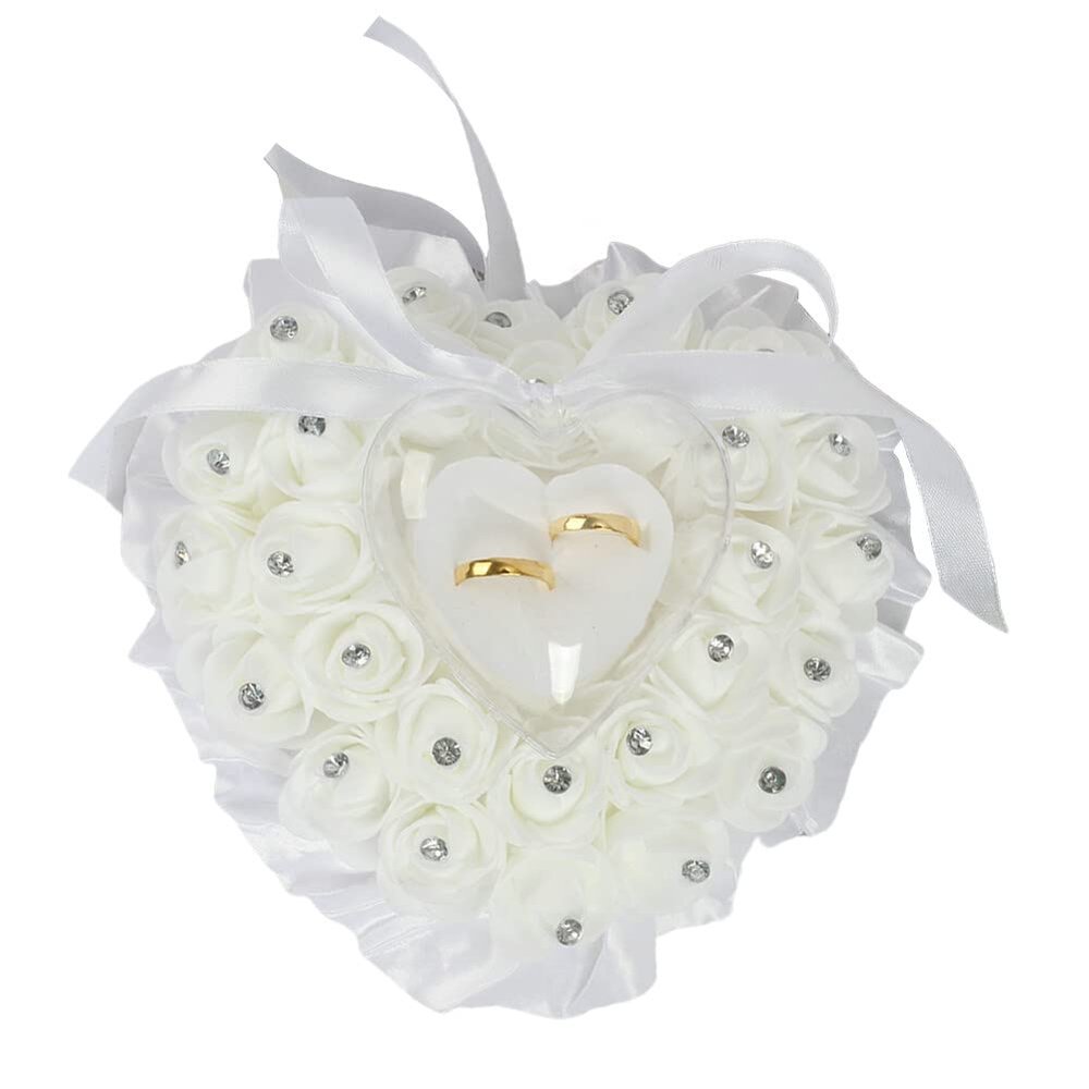 Wedding Ring Pillow, 6.7 Inch Foam Roses Heart Shaped Hanging Wedding Ring Pillow Box with Ribbon, Bridal Ring Pillow Ring Cushion for Wedding Party Decoration Supplies