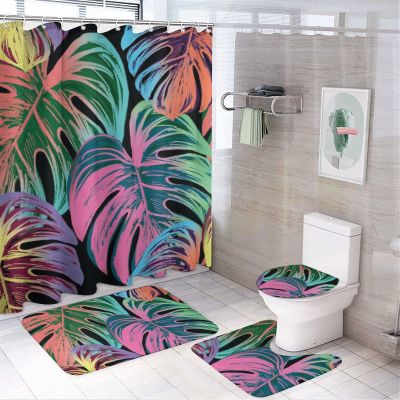 4 Piece Decor Shower Curtains Sets with Non-Slip Rugs Toilet Lid Cover and Bath Mat Summer Colorful Tropical Monstera Leaves Waterproof Fabric Bath Curtain Tropical Green Plant for Bathtub Decor