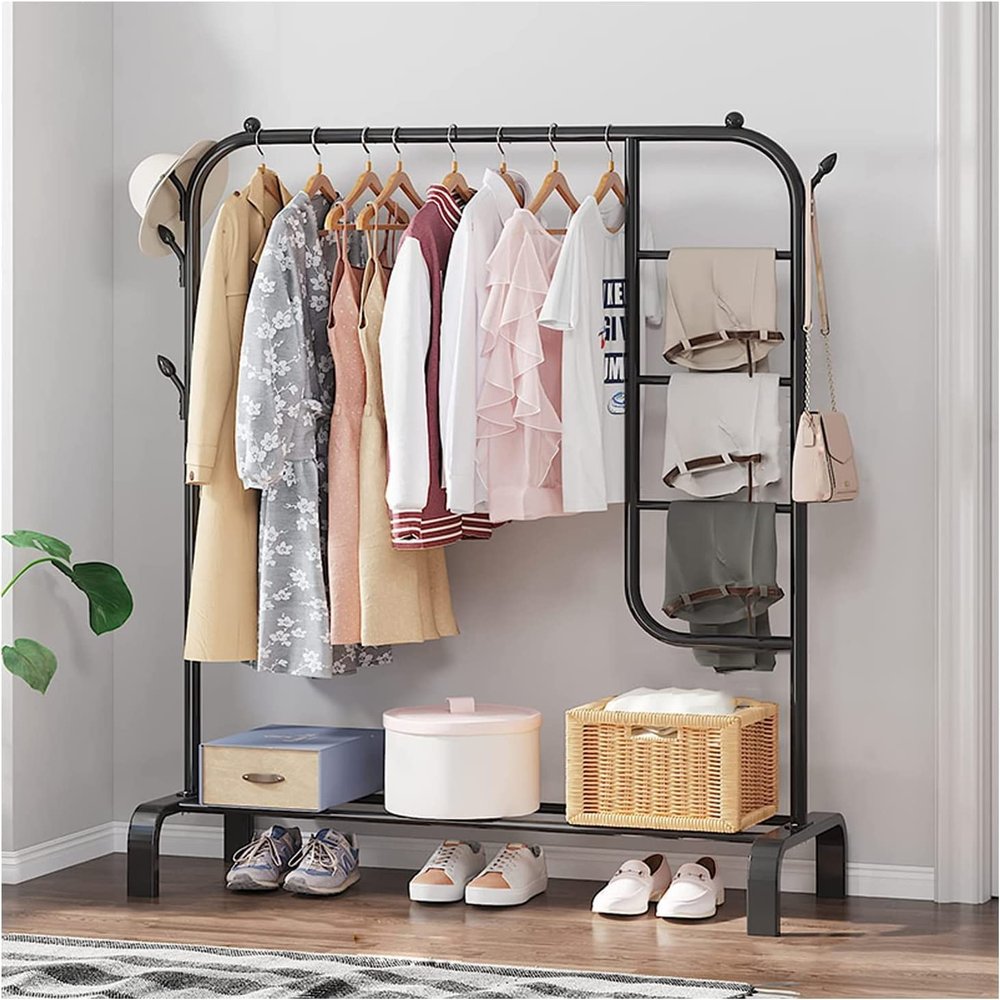 110cm Garment Rack Clothes Drying Rack Pipe Hanging Garment Rail Metal Coat Large Space Movable Laundry Dryer Clothes Rails for Home Garment Storage Indoor (Color : Black)