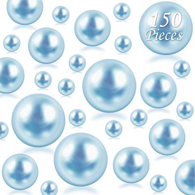 150Pcs Light Blue Polished No Hole Faux Pearl Beads for Vase Filling Decorations, Plastic Pearls Vase Fillers, Table Scatters, Wedding Centerpiece, Home Decor, 8/14/20 mm