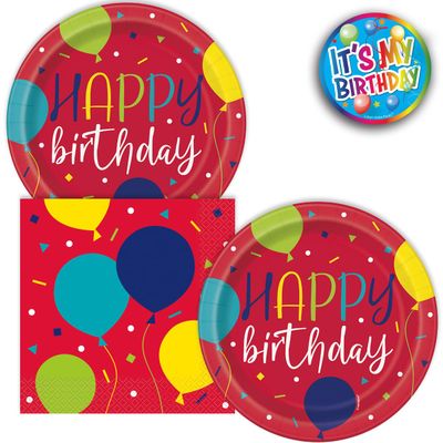 Lobyn Value Packs 32 Piece Heavy Duty Balloon design Birthday Party Plates and Napkins Set  7-Inch Dessert Plates and 6.5-Inch Luncheon Napkins  Colorful Disposable Tableware