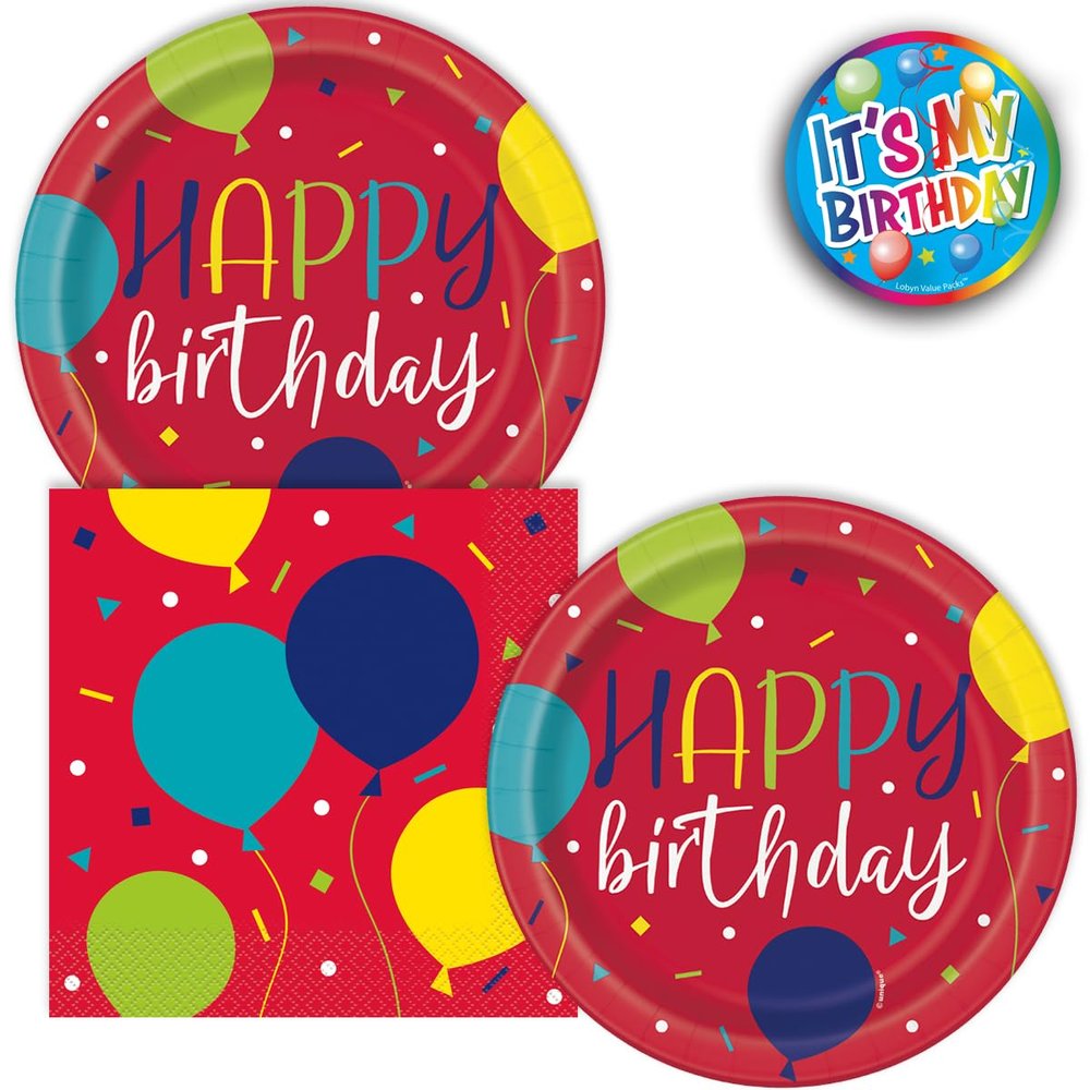 Lobyn Value Packs 32 Piece Heavy Duty Balloon design Birthday Party Plates and Napkins Set  7-Inch Dessert Plates and 6.5-Inch Luncheon Napkins  Colorful Disposable Tableware