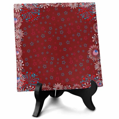 4th of July Ceramic Plaque Table Decorations Sign, USA Flag Star Firework Independence Day Red Desk Decor Sign - Memorial Gifts for Home Office Party