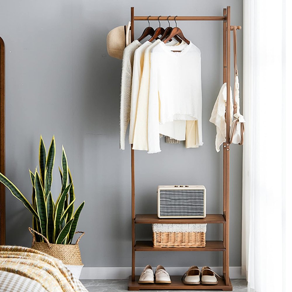 IMPREC Wooden Coat Hanger, Modern Vertical Coat Hanger Furniture Coat Hanger The Bold Main Pole Can Hang A Lot of Clothes Put A Lot of Items at The Bottom (Color : Brown, Size : 57.5x35x174cm)