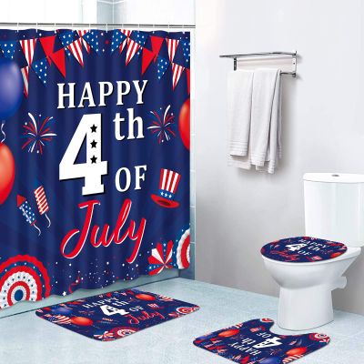 4th of July Gnomes Bathroom Set with Shower Curtains,Bath Mat, Toilet Cover and Rugs, 4Pcs Red White and Blue American Flag Star Bathroom Shower Curtain with 12 Hooks Waterproof Bathroom Decor Set