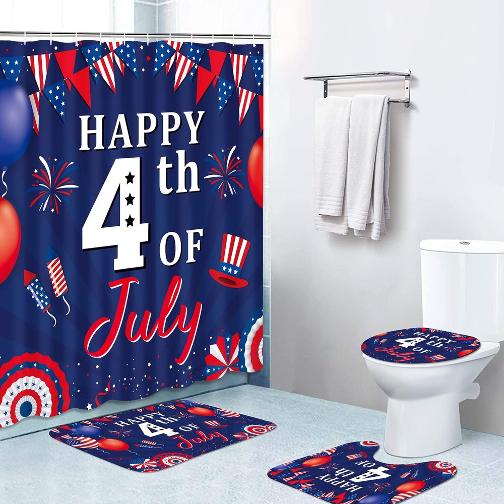 4th of July Gnomes Bathroom Set with Shower Curtains,Bath Mat, Toilet Cover and Rugs, 4Pcs Red White and Blue American Flag Star Bathroom Shower Curtain with 12 Hooks Waterproof Bathroom Decor Set