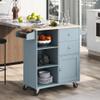 CKLMMC Store Kitchen Island Cart with Rubber Wood Top and 2 Drawers,4 Wheels and 3 Open Shelves,for Dining Room Bathroom Living Room (Grey Blue#h) view 4