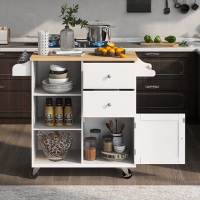 CKLMMC Store Kitchen Island Cart with Rubber Wood Top and 2 Drawers,4 Wheels and 3 Open Shelves,for Dining Room Bathroom Living Room (White#h)