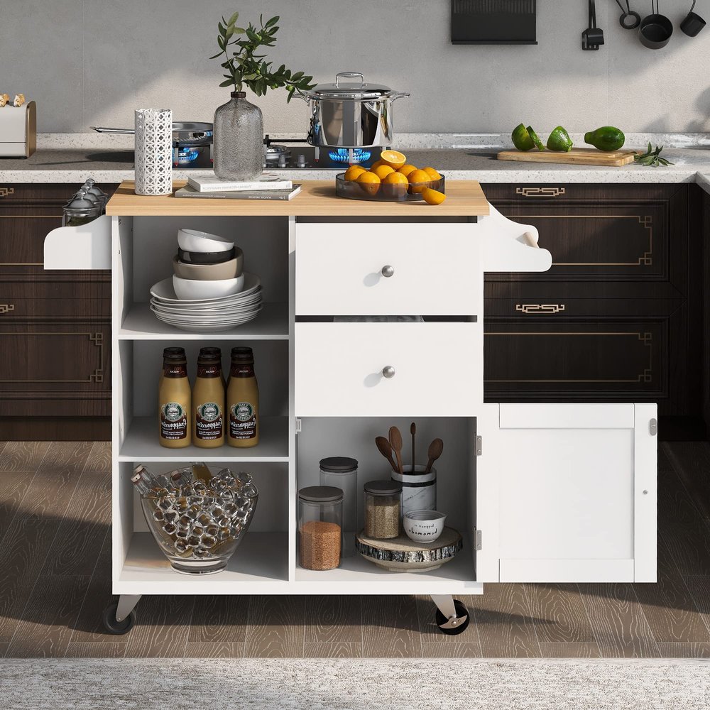 CKLMMC Store Kitchen Island Cart with Rubber Wood Top and 2 Drawers,4 Wheels and 3 Open Shelves,for Dining Room Bathroom Living Room (White#h)