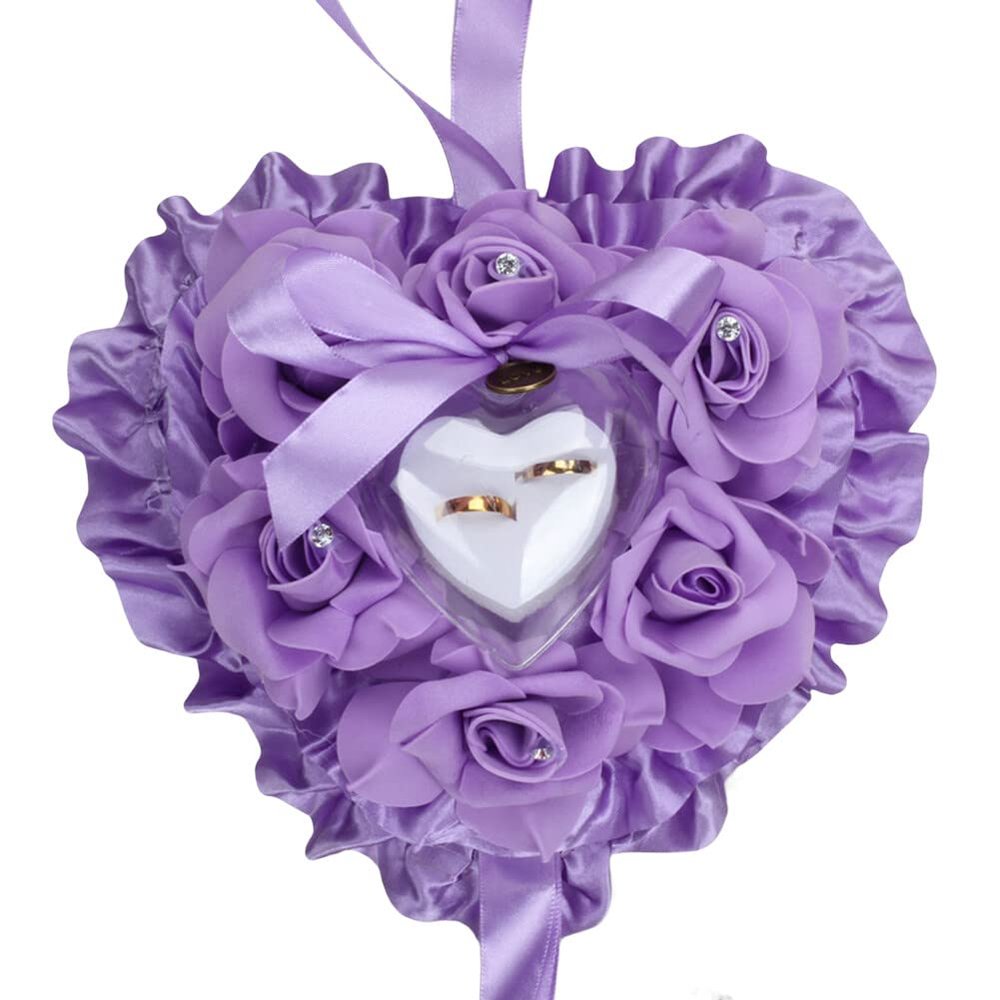 Katutude Wedding Ring Pillow Romantic Rose Heart Shape Ring Cushion Jewelry Holder Wedding Ceremony Ring Bearer Pillows Can Hold 2 Rings for Wedding Supplies, 20cm x 20cm x 8cm/Purple
