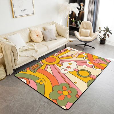 Erosebridal 60S 70S Hippie Area Rug 5x7 Vintage Boho Sun Carpet Groovy Flowers Clouds Love Hearts Decorative Rug for Kids Girls Teens,Abstract Vintage Floral Washable Rug for Bedside