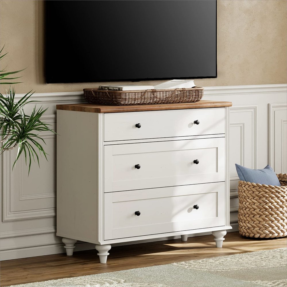 Dresser TV Stand for Bedroom, Mid Century Modern TV Console Table White Dressers with 3 Chest of Drawers, Wooden Closet Dresser for Bedroom and Living Room