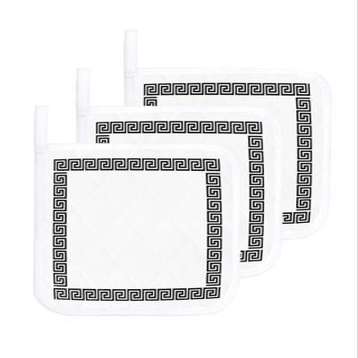 Abstract Pot Holders for Kitchen Greek Black Squares on White Set of 3 Potholders Heat Proof Non-Slip Oven Pot Holder Insulation Terry Cloth Hot Pad with Loop Simplistic
