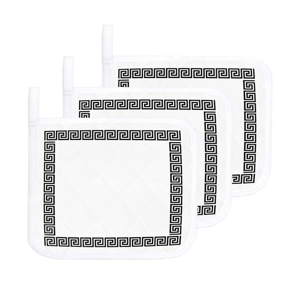 Abstract Pot Holders for Kitchen Greek Black Squares on White Set of 3 Potholders Heat Proof Non-Slip Oven Pot Holder Insulation Terry Cloth Hot Pad with Loop Simplistic