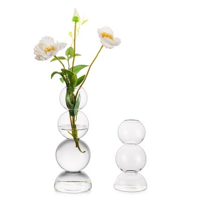 Glass Bubble Vases for Flowers, Hewory 2pcs Clear Unique Cute Single Flower Vase for Centerpieces, Funky Aesthetic Vase Skinny Bud Vase, Cool Groovy Decor for Home Living Room Bedroom Office Tabletop