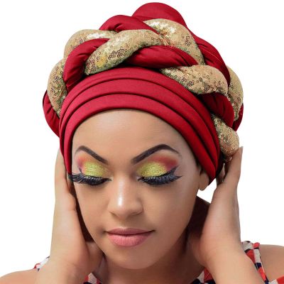 YOLAI Sequins Braided Twisted African Hat Cancer Chemo Muslim Turbans Hat Stretch Pleated Headwraps Cap for Women (Red, One Size)