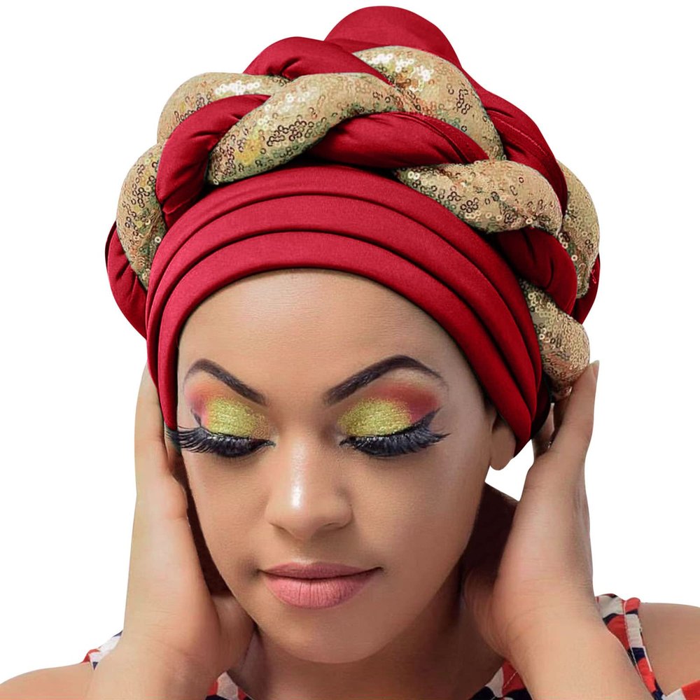 YOLAI Sequins Braided Twisted African Hat Cancer Chemo Muslim Turbans Hat Stretch Pleated Headwraps Cap for Women (Red, One Size)