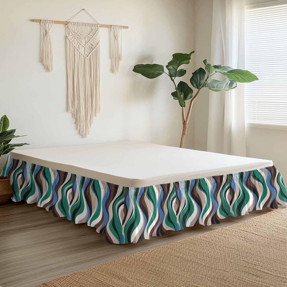 Agate Green Bed Skirt Cal King Size 16 Inch Drop, Adjustable & Elastic Wrap Around Bed Skirts Pleated Luxury Dust Ruffles for Twin Full Queen Cal King Base Bed, Modern Geometric Stripes Multi Color