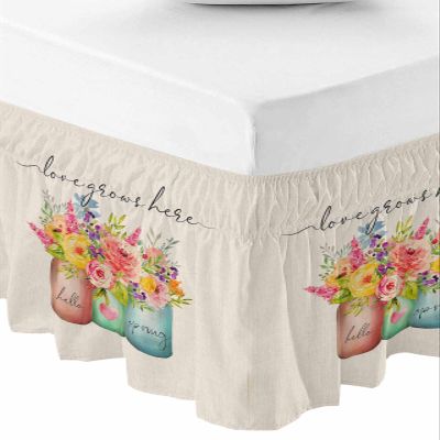 Flowers Bed Skirt Queen Size 16 Inch Drop, Adjustable & Elastic Wrap Around Bed Skirts Pleated Luxury Dust Ruffles for Twin Full Queen Cal King Base Bed, Spring Summer Watercolor Vintage Burlap
