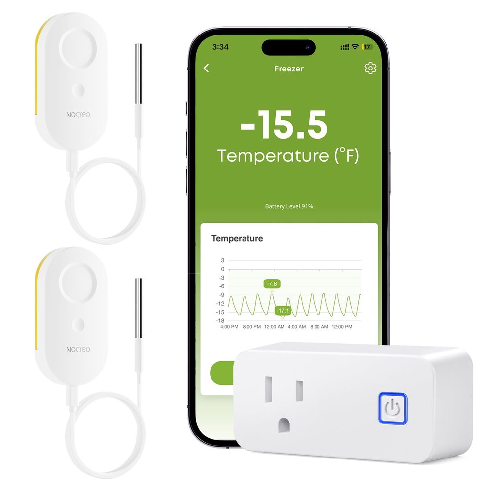 MOCREO WiFi Refrigerator Thermometer with Freezer Alarm, Email Alert, App Notification, Data Logging Export, No Subscription Fee, 2 Remote Temperature Sensor for Home Kitchen, Hot Tub