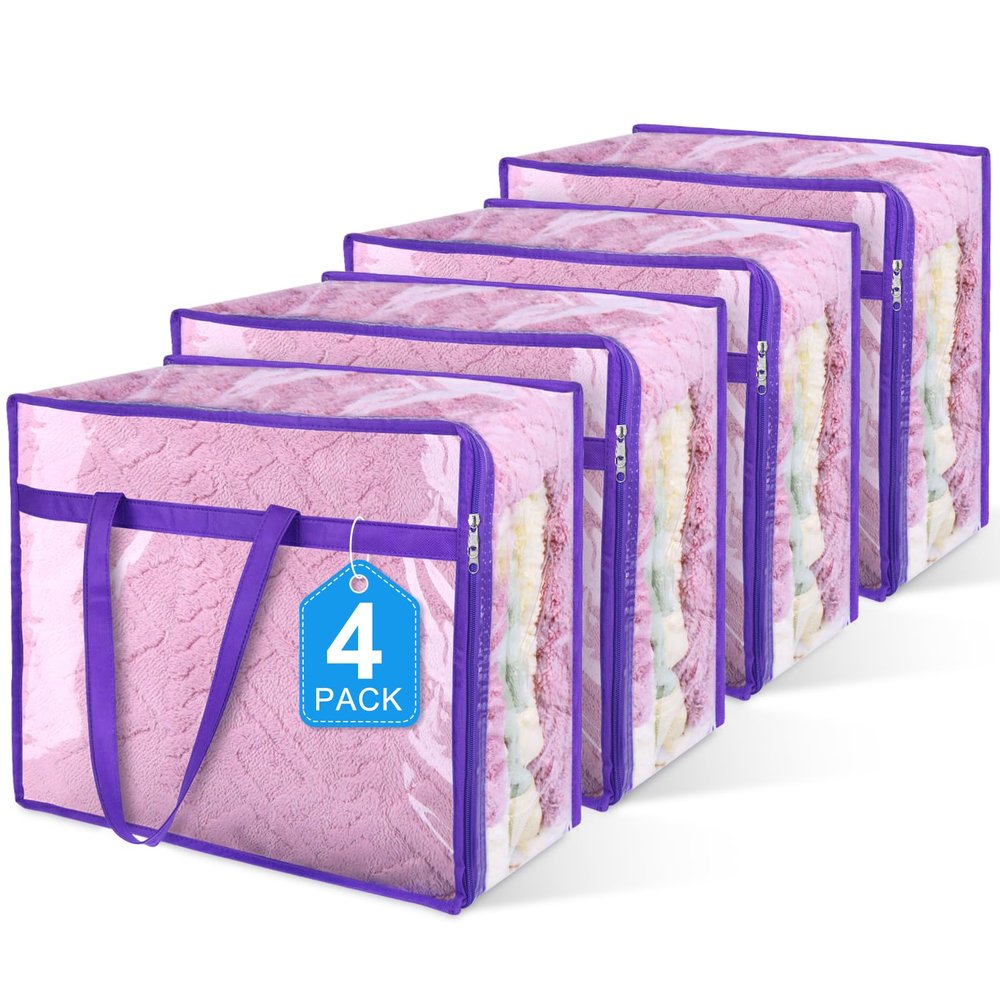 4 Pack Clear Zippered Storage Bags for Clothes, Closet Organizers and Storage Vinyl Bag for Bedding, Linen, Blankets, Comforters, Clothes & Toys Multi Purpose & Space Saver PVC Organizers